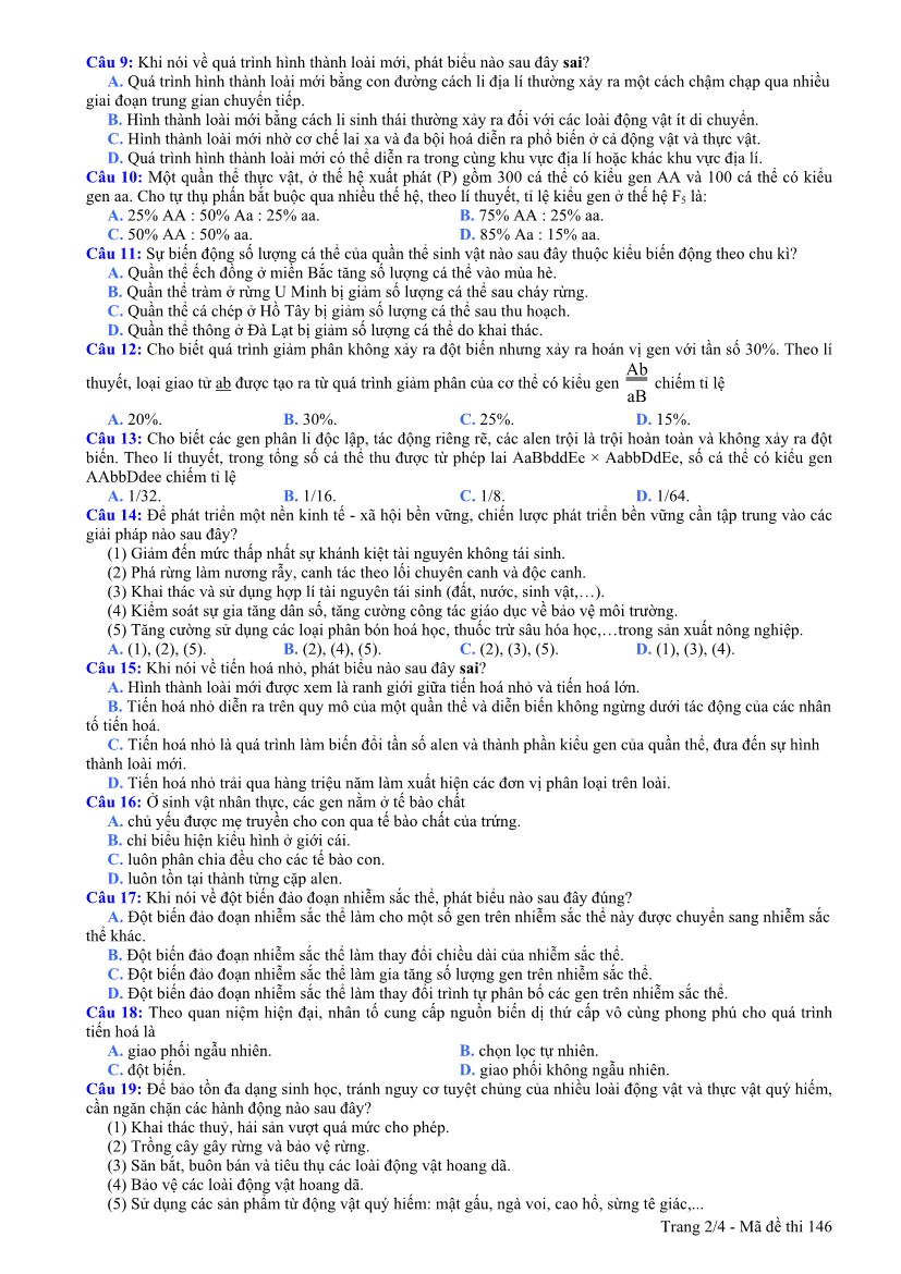 Đề thi ch&iacute;nh thức m&ocirc;n Sinh học kỳ thi tốt nghiệp năm 2014