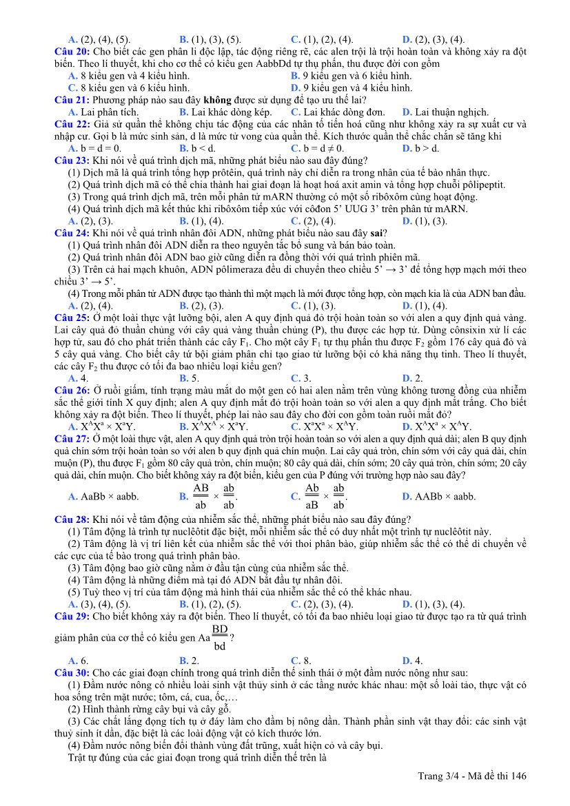 Đề thi ch&iacute;nh thức m&ocirc;n Sinh học kỳ thi tốt nghiệp năm 2014