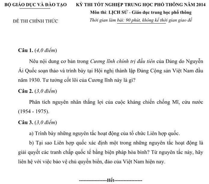 Đề thi chính thức môn Lịch Sử