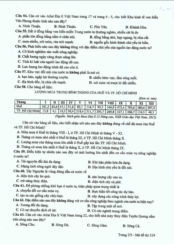 Đề thi môn Địa lý THPT Quốc gia 2017