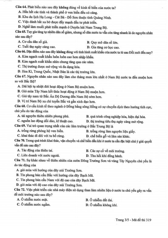 Đề thi môn Địa lý THPT Quốc gia 2017