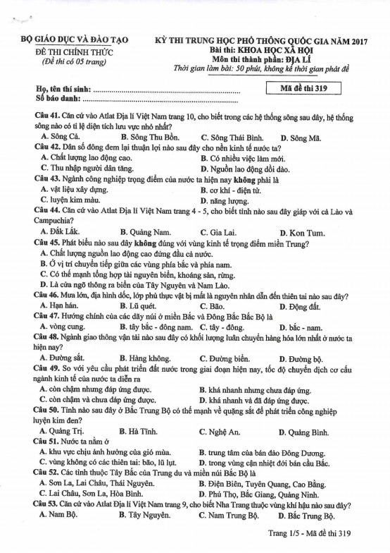 Đề thi môn Địa lý THPT Quốc gia 2017