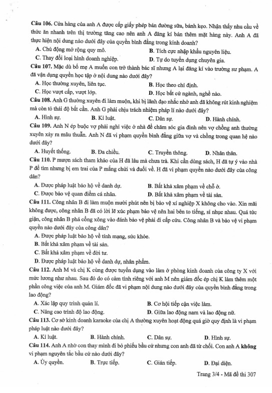 Đề thi môn Giáo dục công dân THPT Quốc gia 2017