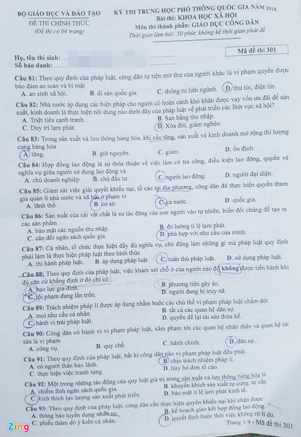 Đề thi môn GDCD THPT Quốc gia 2018