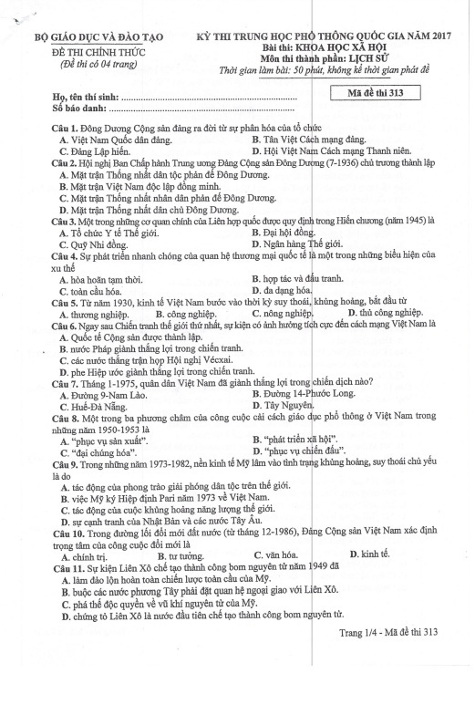 Đề thi môn Địa lý THPT Quốc gia 2017