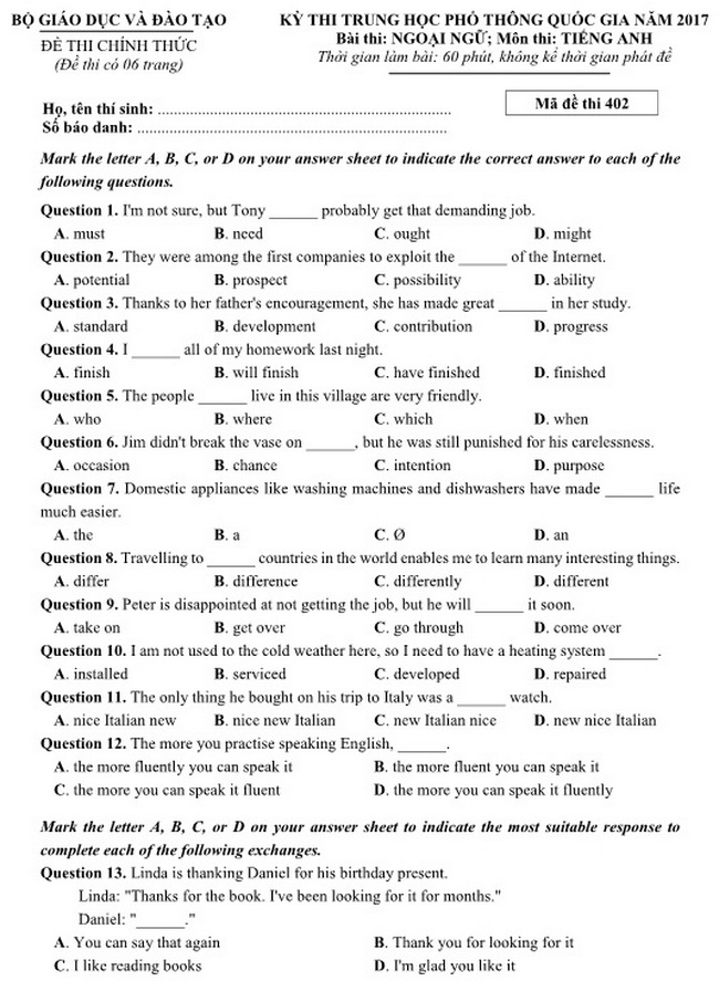 Đề thi m&ocirc;n Tiếng anh THPT Quốc gia 2017