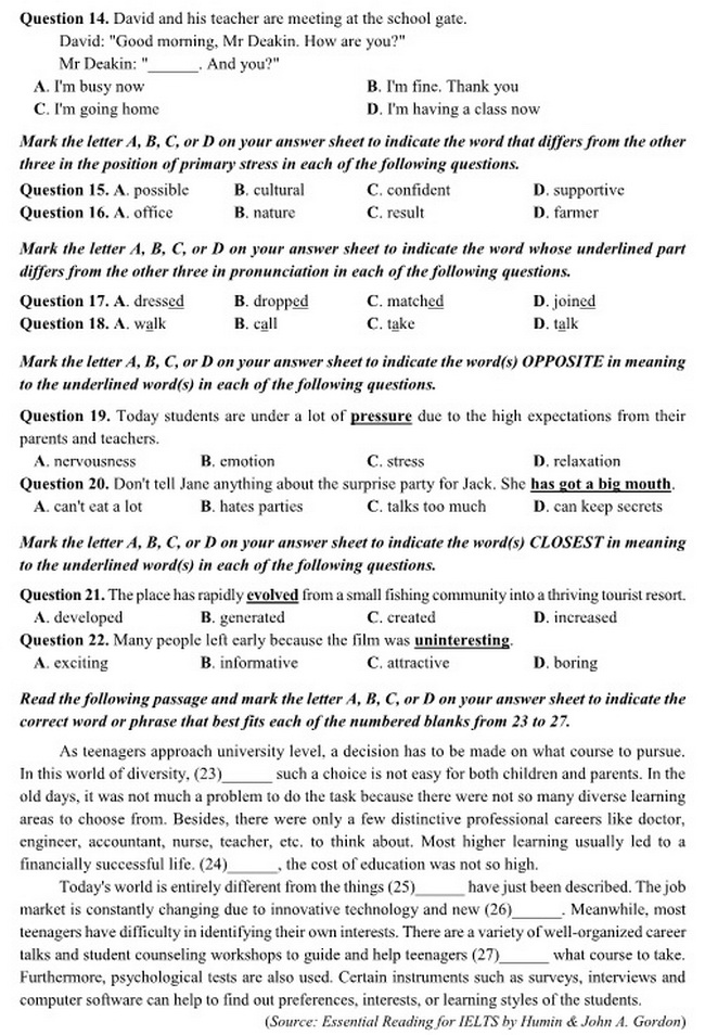 Đề thi m&ocirc;n Tiếng anh THPT Quốc gia 2017
