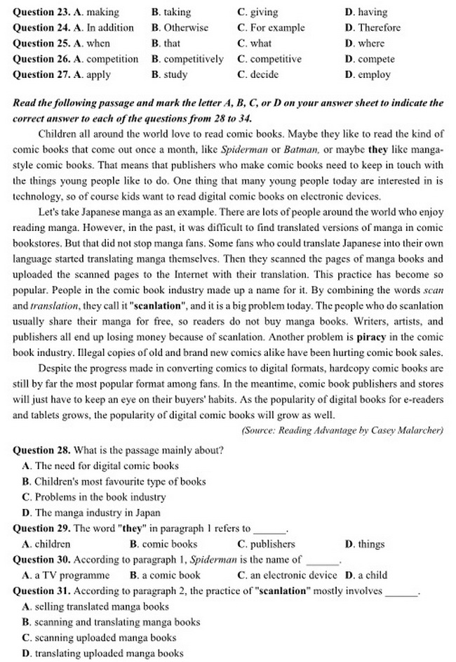 Đề thi m&ocirc;n Tiếng anh THPT Quốc gia 2017