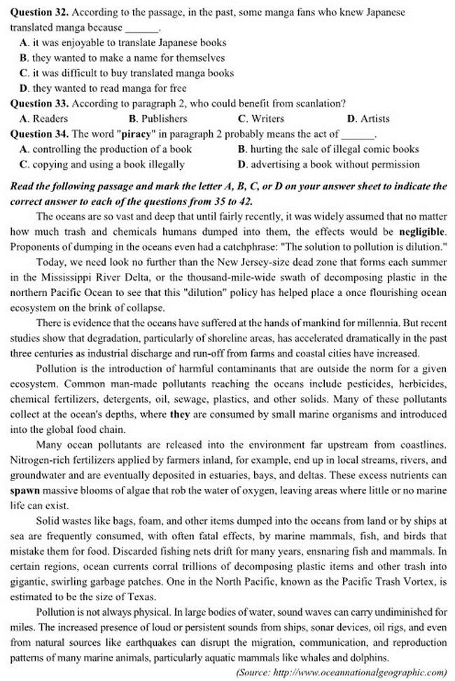 Đề thi m&ocirc;n Tiếng anh THPT Quốc gia 2017