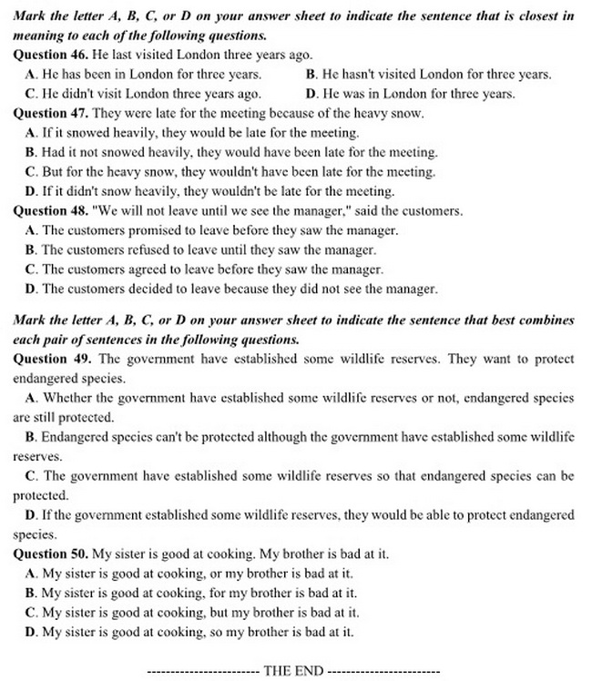 Đề thi m&ocirc;n Tiếng anh THPT Quốc gia 2017