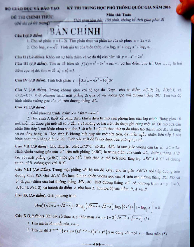 Đề thi m&ocirc;n To&aacute;n tốt nghiệp THPT quốc gia 2016