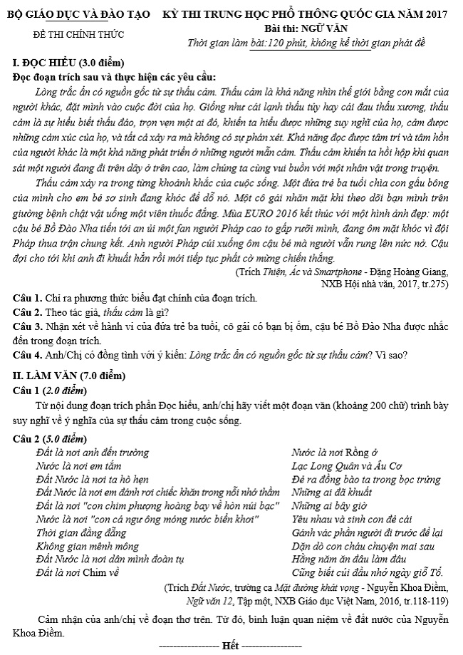 Đề thi m&ocirc;n Ngữ Văn THPT Quốc gia 2017 