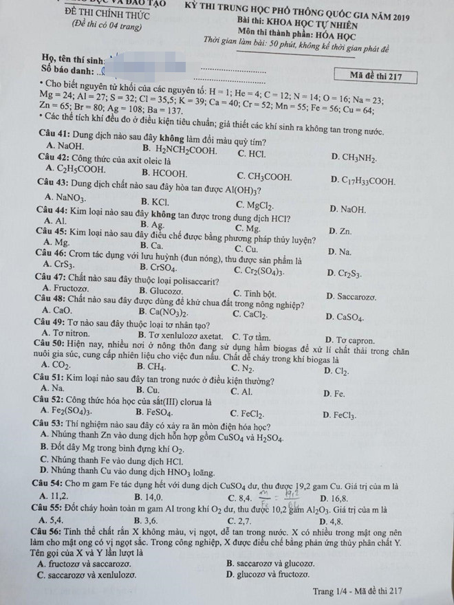 đề thi THPT quốc gia môn hóa học 2019