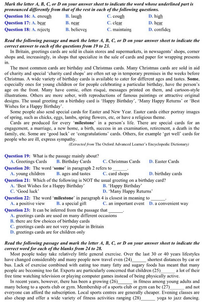 Đề thi ch&iacute;nh thức m&ocirc;n tiếng Anh kỳ thi tốt nghiệp năm 2014