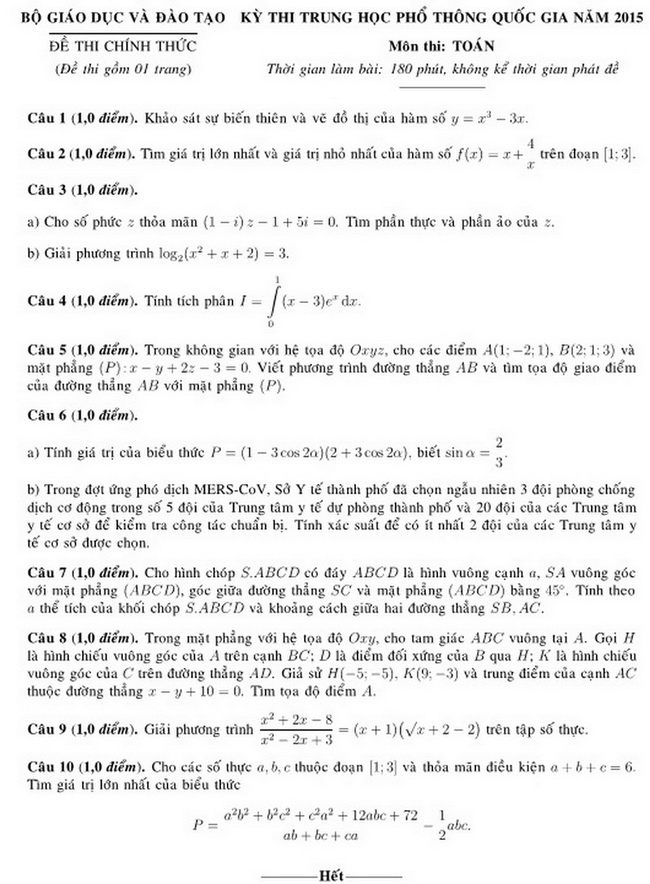 Đề thi m&ocirc;n To&aacute;n kỳ thi THPT quốc gia 2015