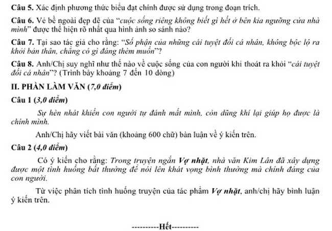 Đề thi môn Ngữ văn tốt nghiệp THPT quốc gia 2016