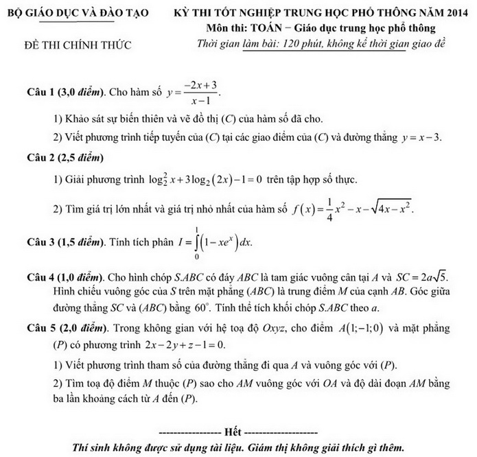 Đề thi m&ocirc;n To&aacute;n kỳ thi THPT 2014
