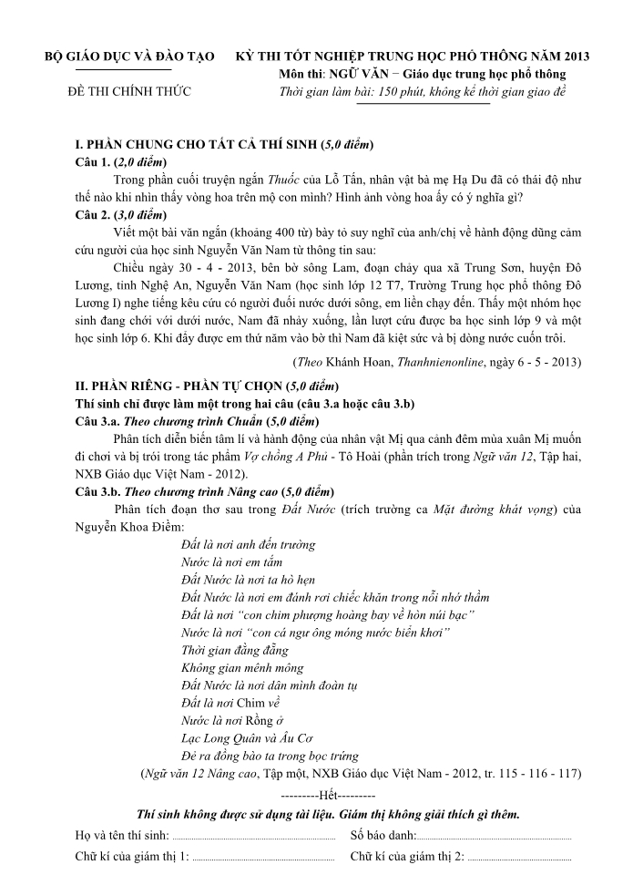 Đề thi chính thức môn Sinh học kỳ thi tốt nghiệp năm 2014