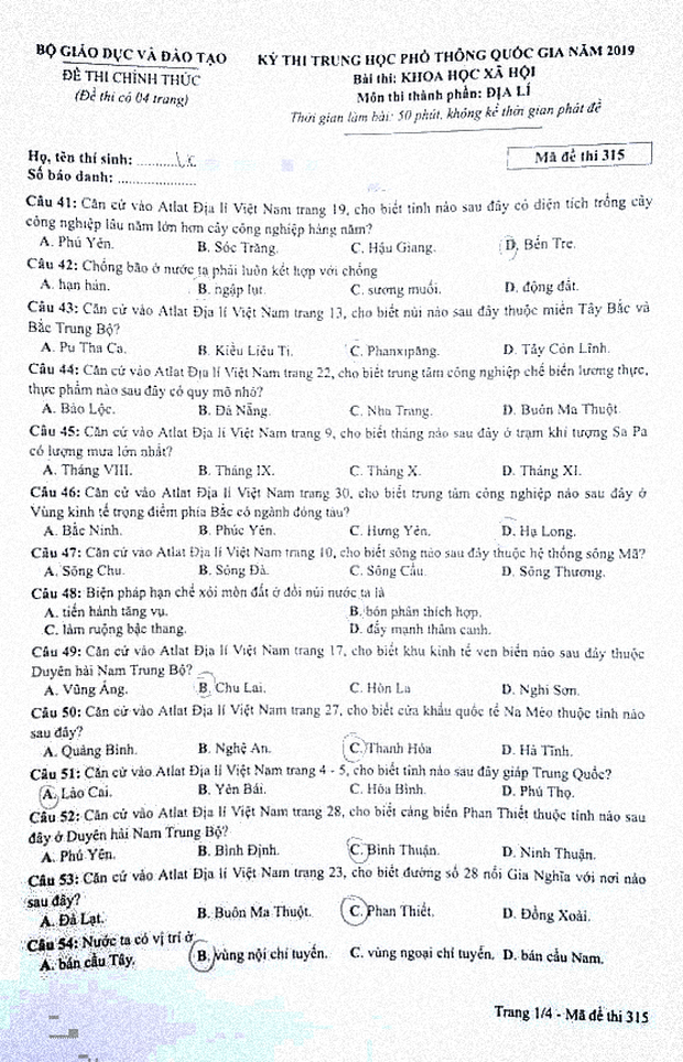 Đề thi m&ocirc;n Địa l&yacute; THPT quốc gia 2019