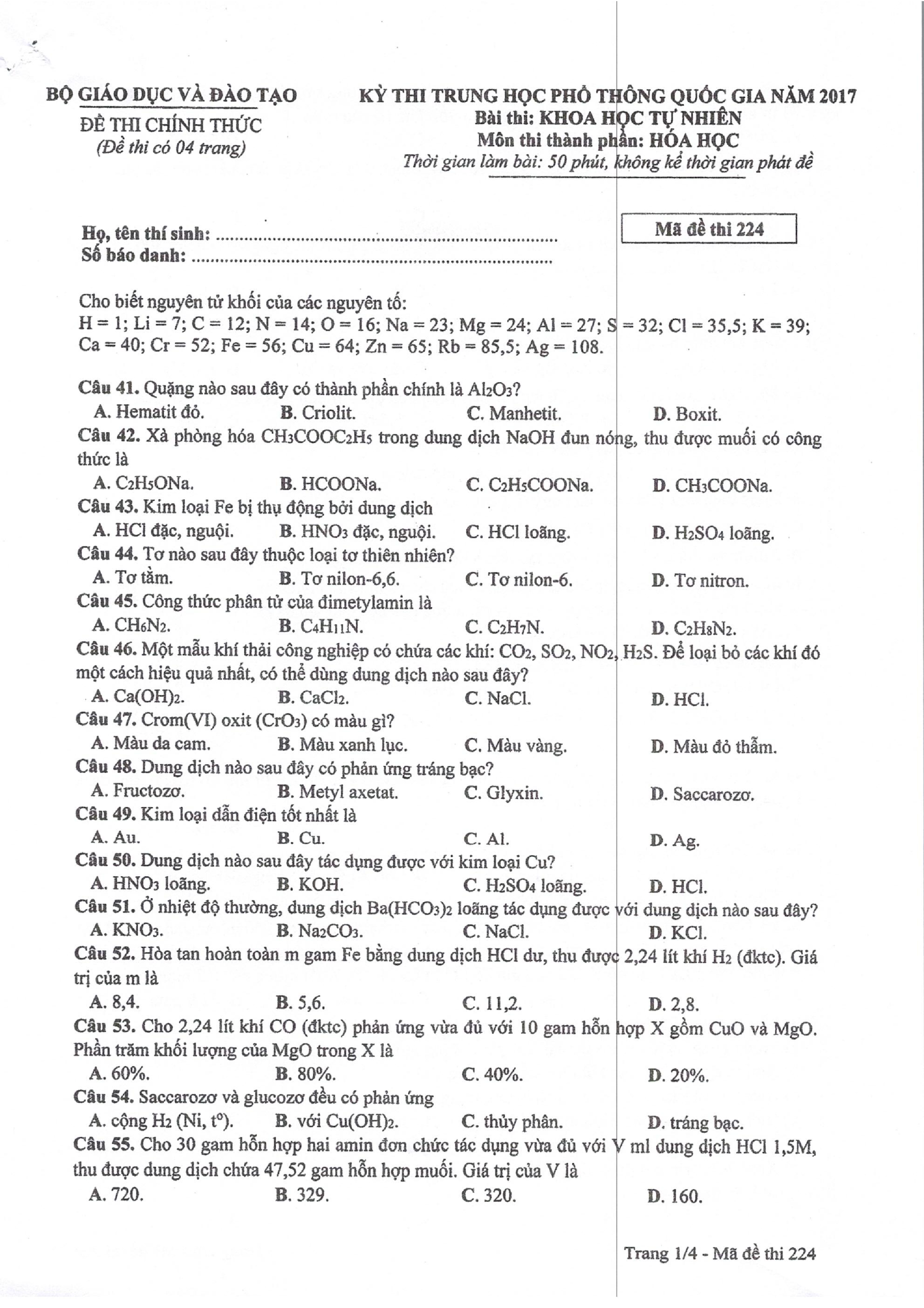 Đề thi môn Hóa học THPT Quốc gia 2017