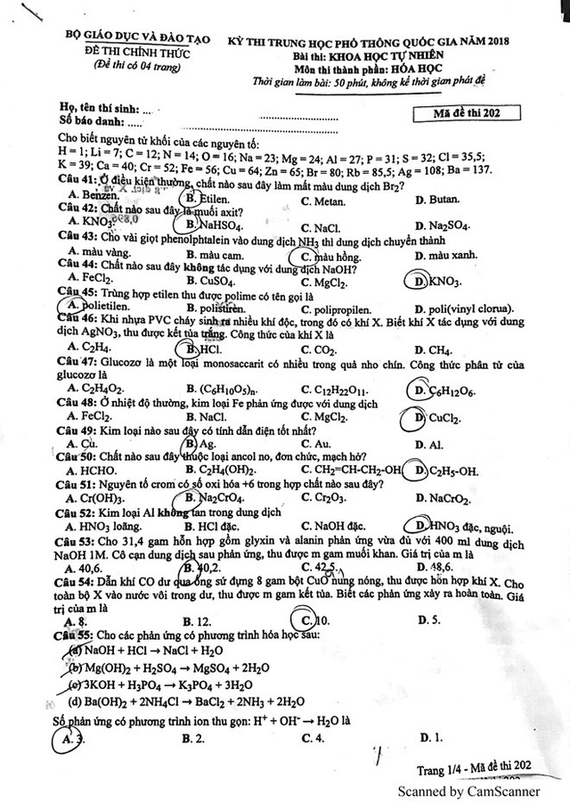 Đề thi chính thức môn Hóa học THPT quốc gia 2018