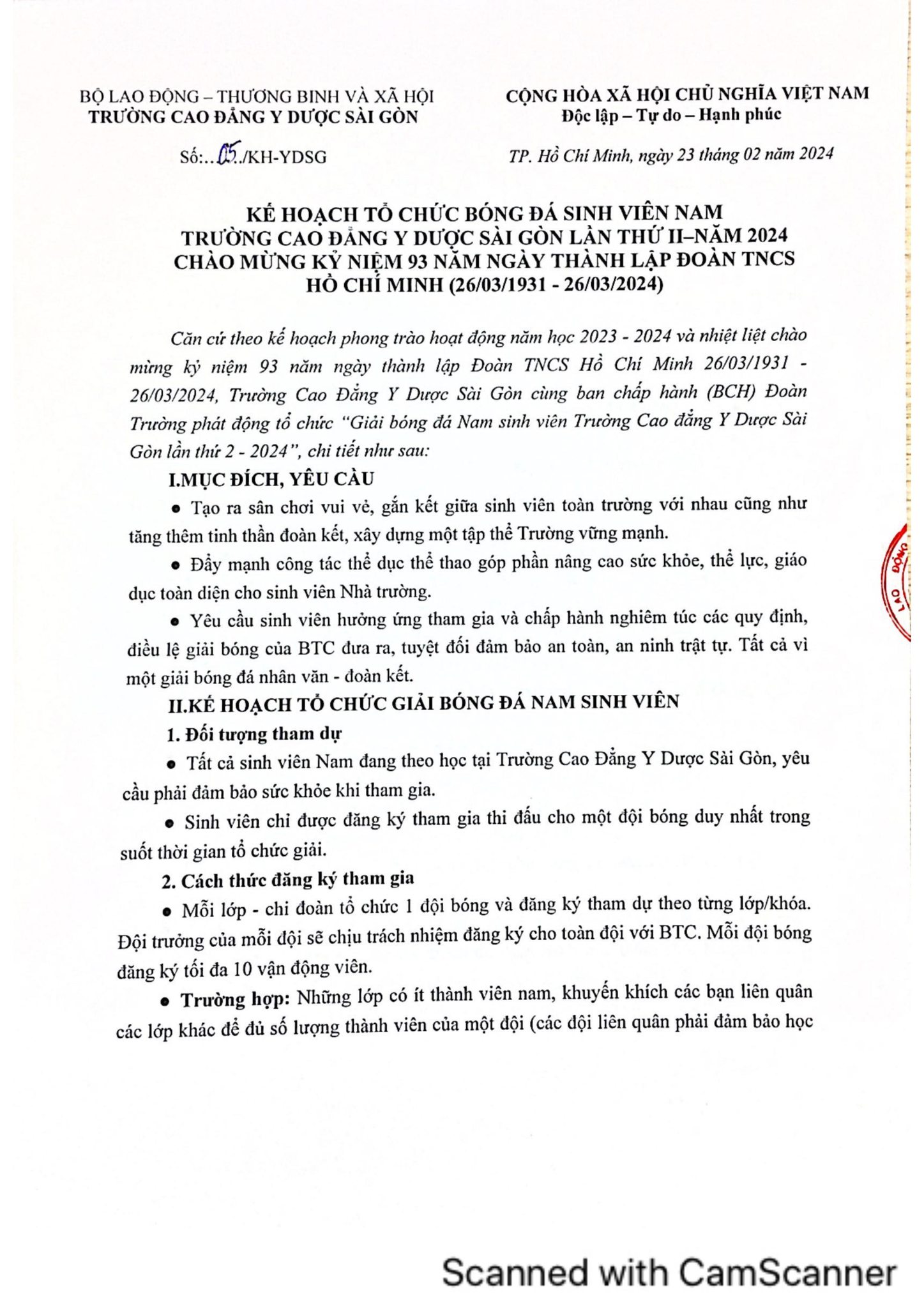kế hoạch tổ chức bóng đá nam sinh viên lần 2