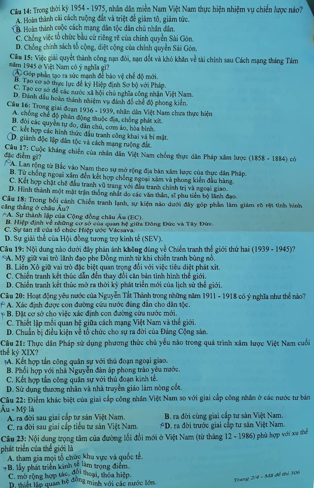 Đề thi m&ocirc;n Lịch sử THPT Quốc gia 2018