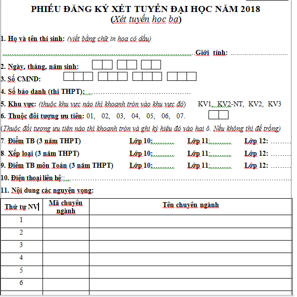 Cách điền phiếu xét tuyển vào Đại học