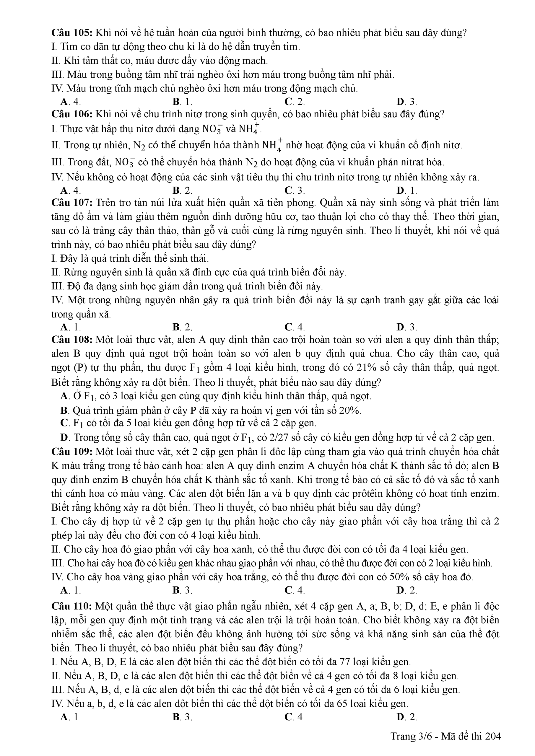 Đề thi m&ocirc;n Sinh học THPT Quốc gia 2018