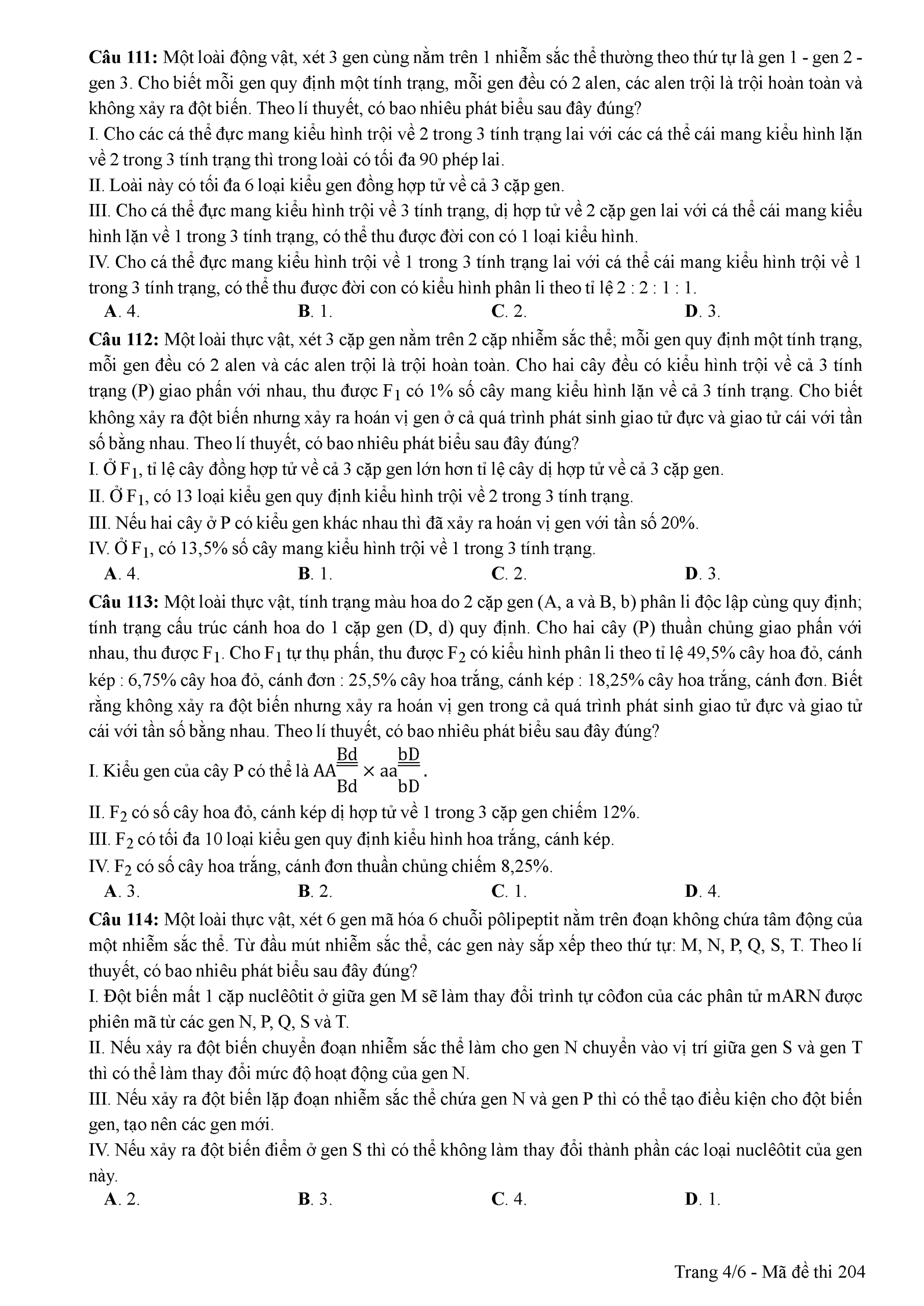 Đề thi m&ocirc;n Sinh học THPT Quốc gia 2018
