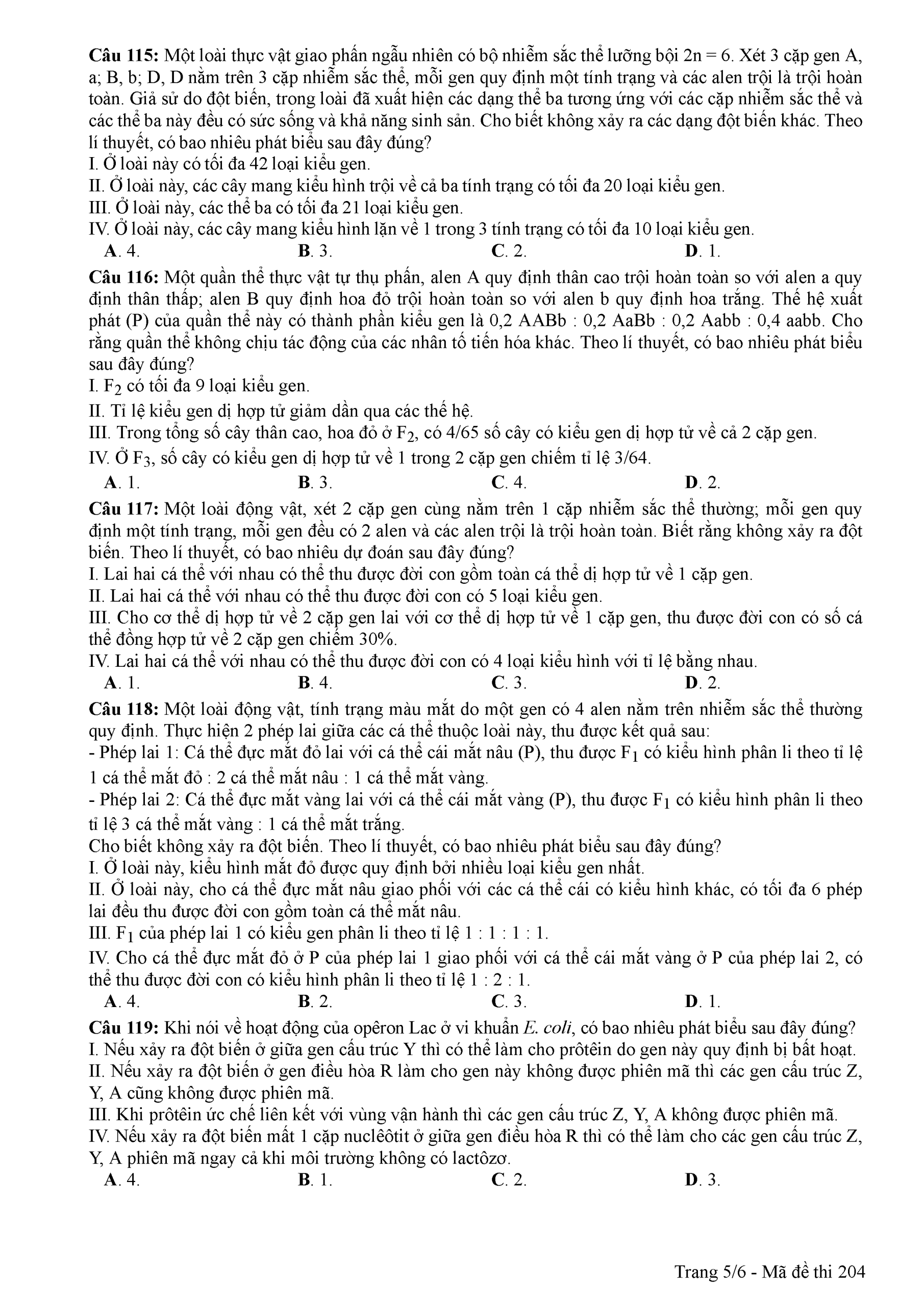 Đề thi m&ocirc;n Sinh học THPT Quốc gia 2018