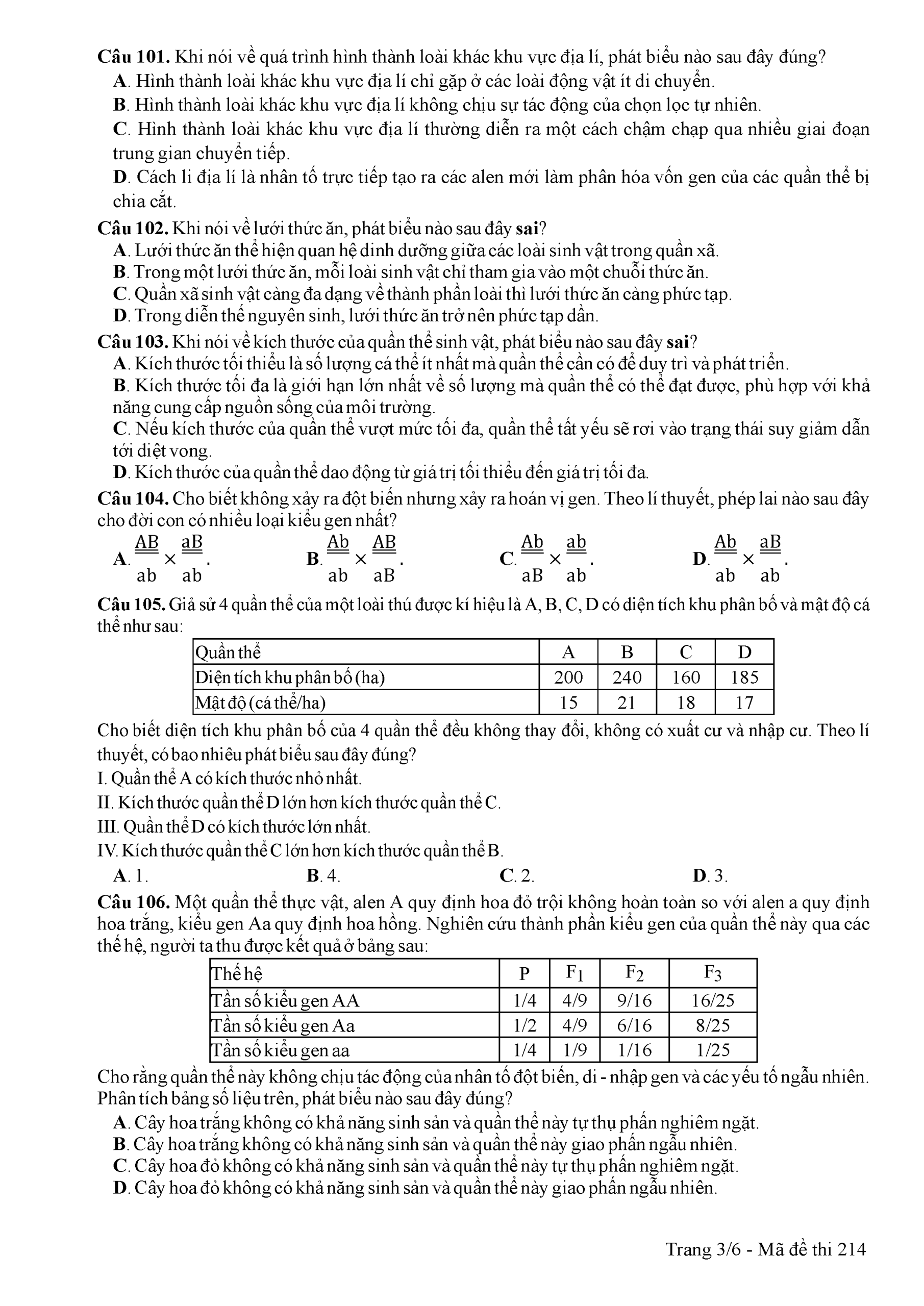 Đề thi môn Sinh học THPT Quốc gia 2017