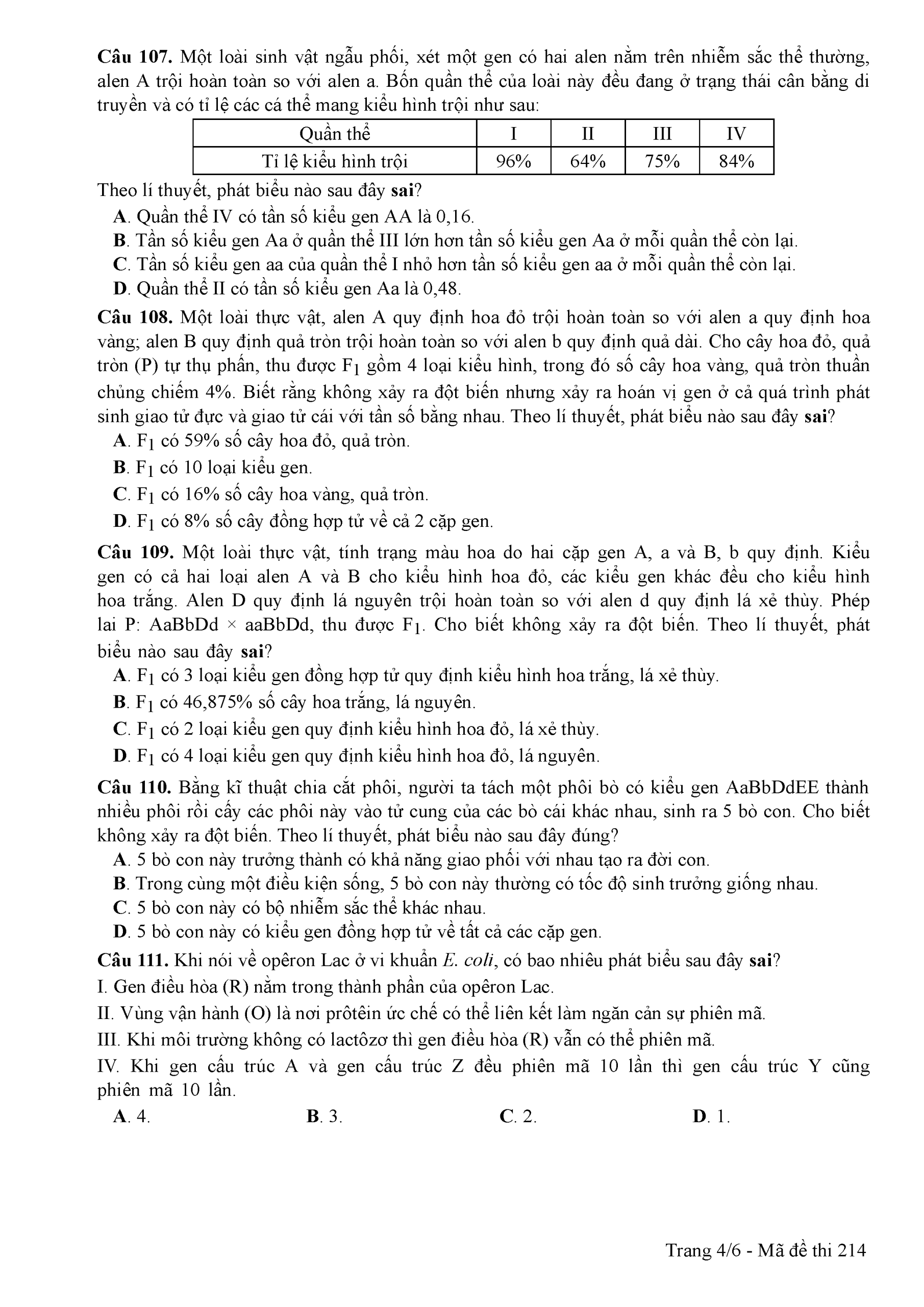 Đề thi môn Sinh học THPT Quốc gia 2017