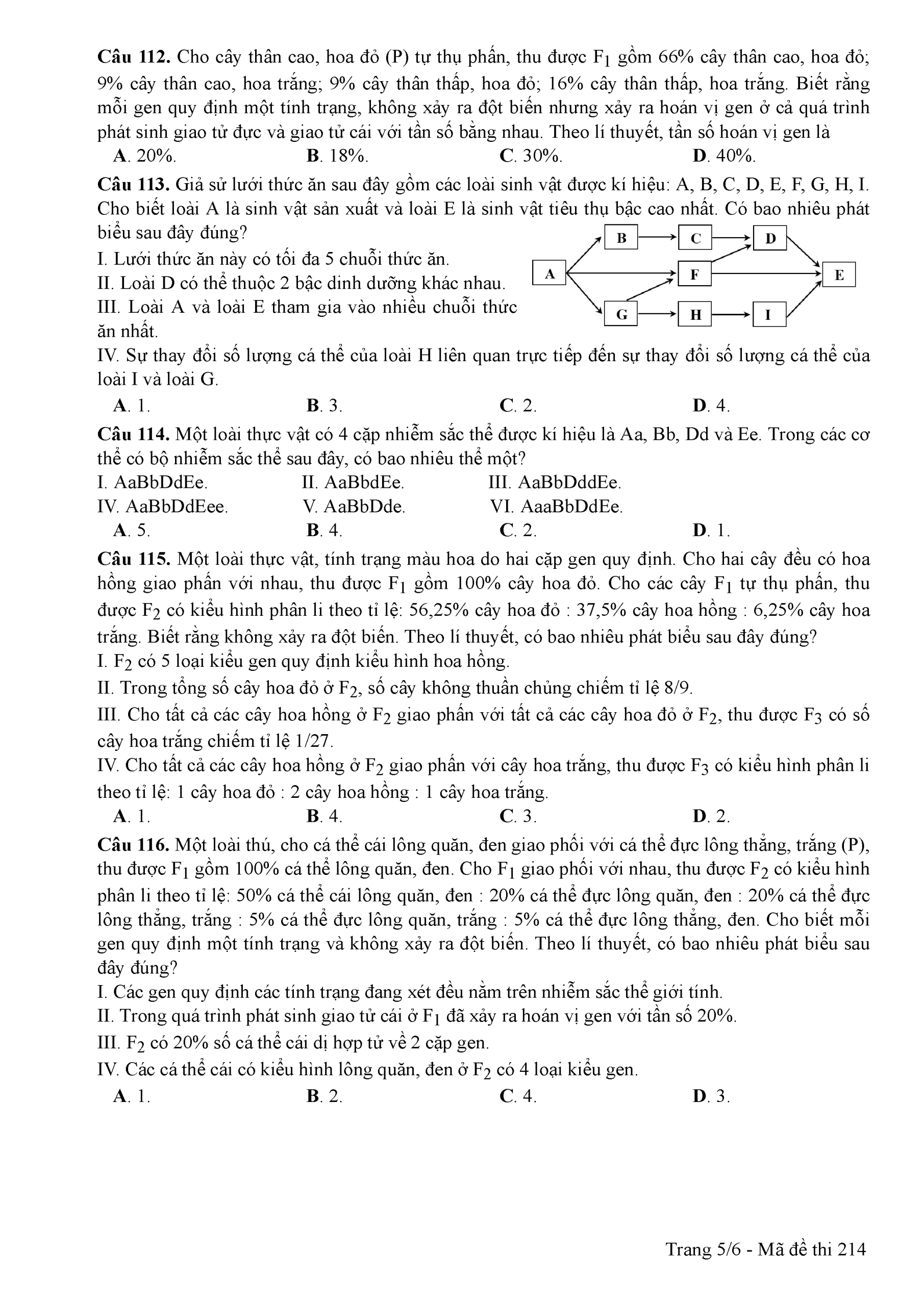 Đề thi môn Sinh học THPT Quốc gia 2017