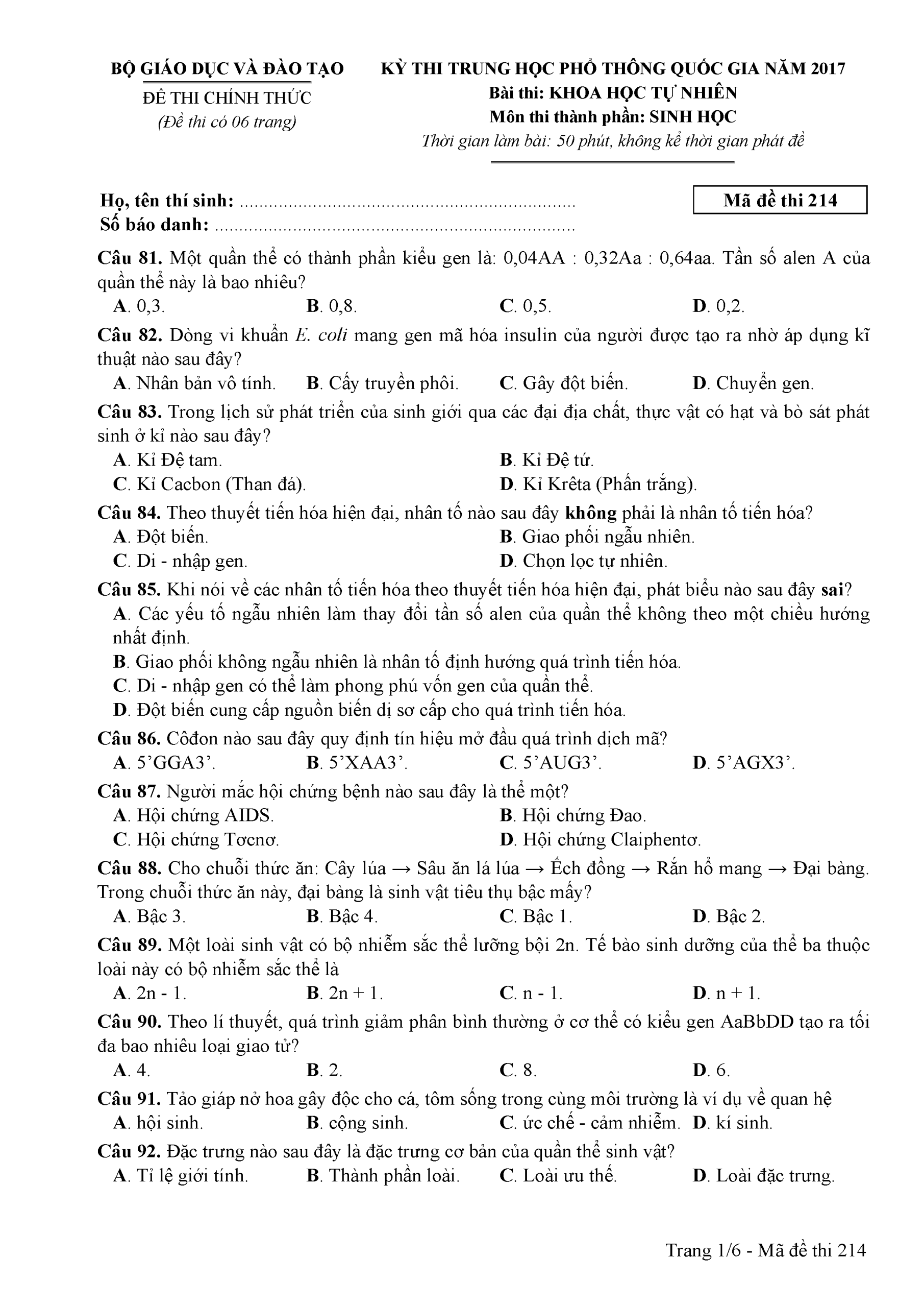 Đề thi môn Sinh học THPT Quốc gia 2017