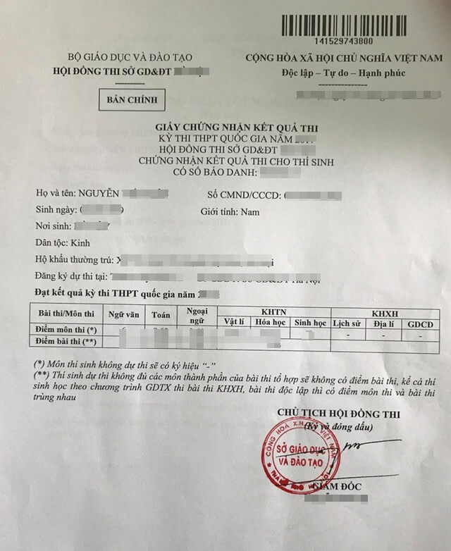 Mẫu giấy chứng nhận giấy b&aacute;o điểm thi THPT quốc gia