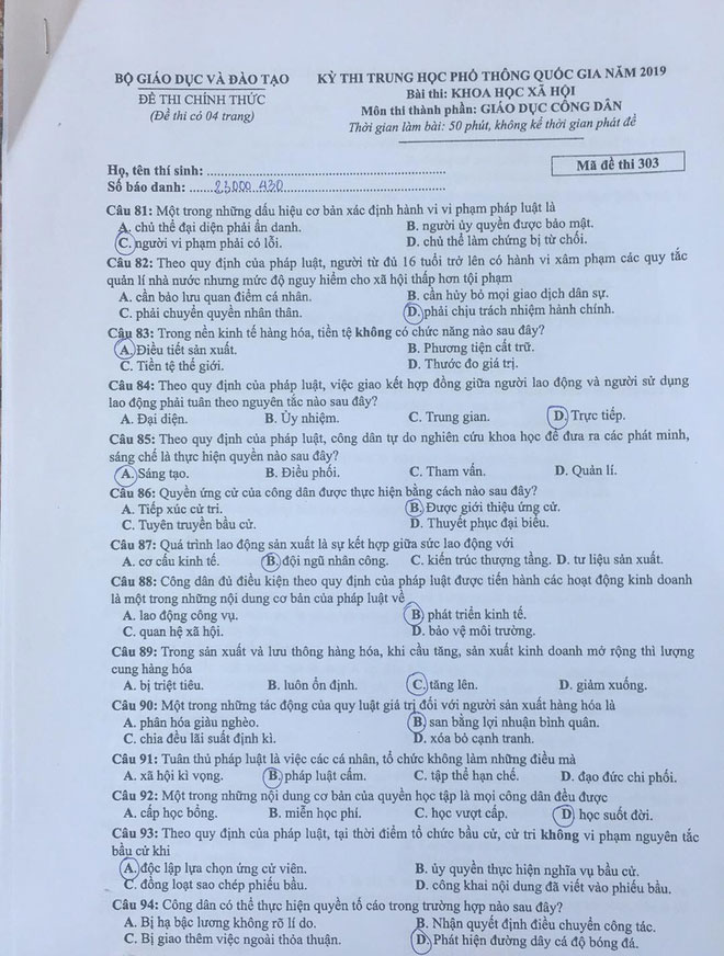 Đề thi m&ocirc;n GDCD THPT quốc gia 2019