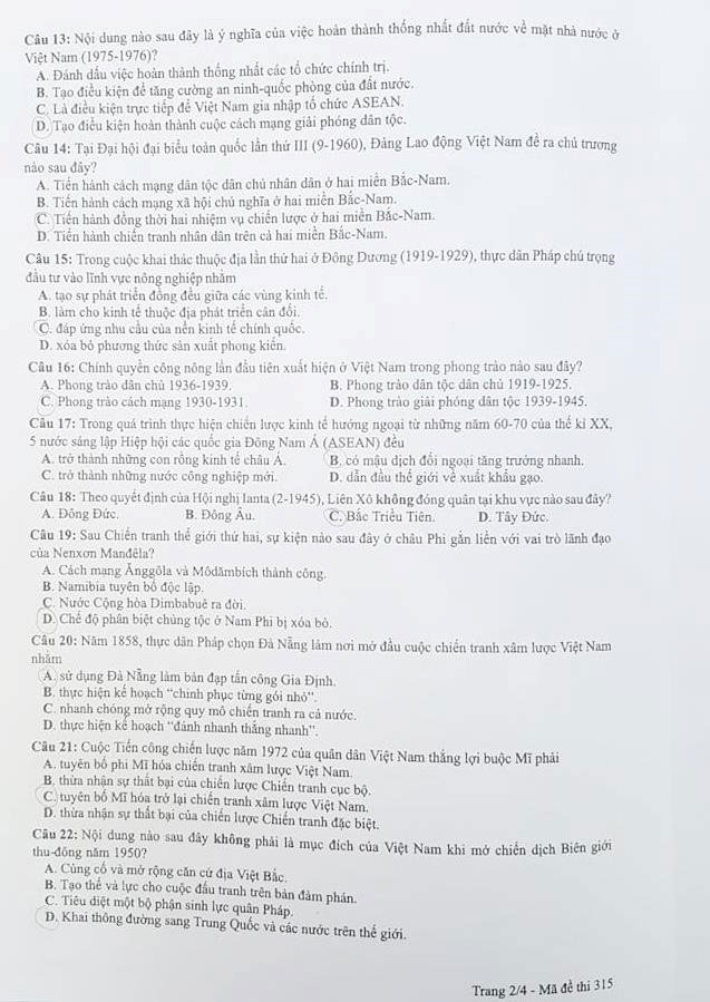 Đề thi m&ocirc;n Lịch sử THPT Quốc gia 2018