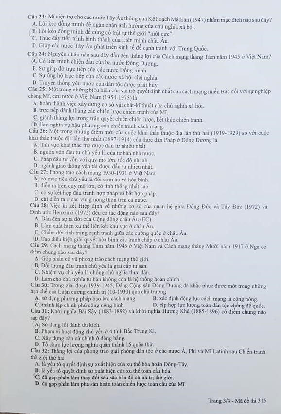 Đề thi m&ocirc;n Lịch sử THPT Quốc gia 2018