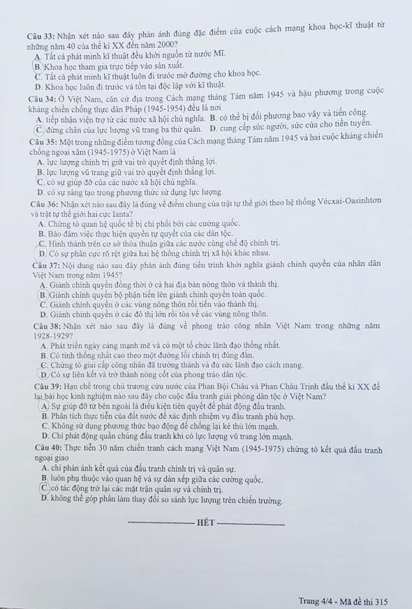 Đề thi m&ocirc;n Lịch sử THPT Quốc gia 2018