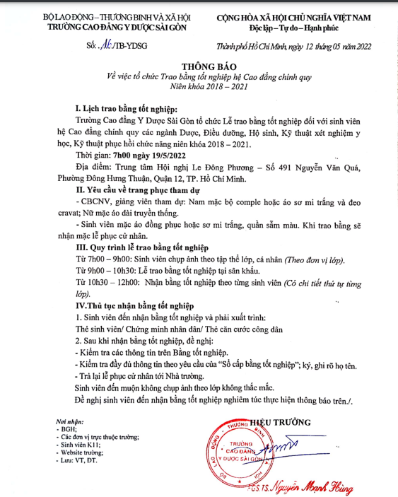 Thông báo tổ chức Lễ tốt nghiệp và trao bằng trường Cao đẳng Y Dược Sài Gòn 2022