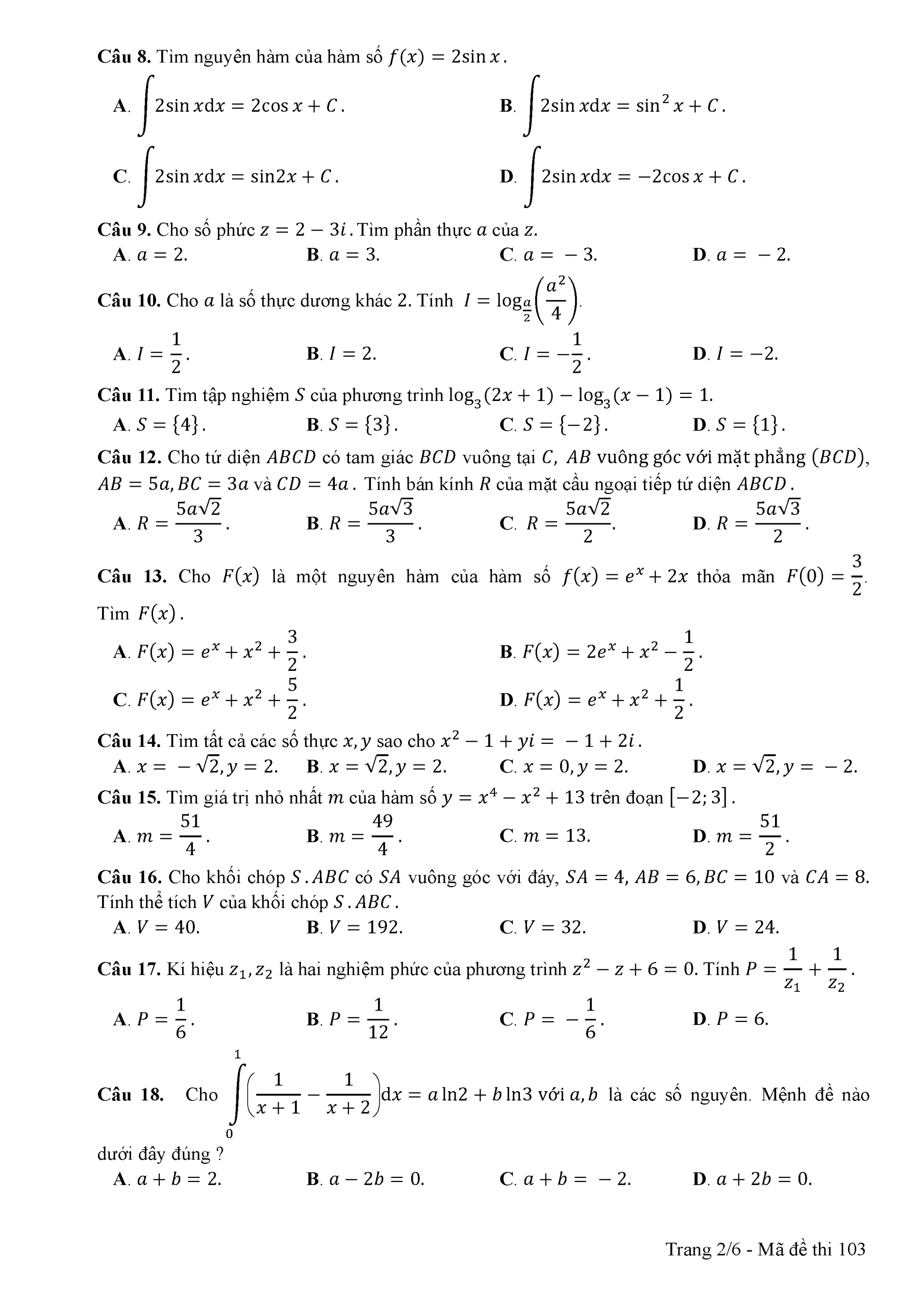 Đề thi môn Toán THPT Quốc gia 2017
