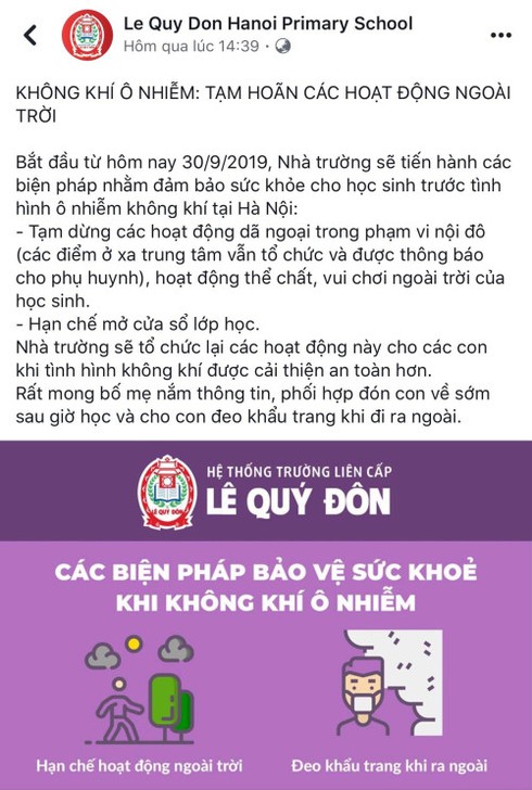 Trường Tiểu học L&ecirc; Qu&yacute; Đ&ocirc;n th&ocirc;ng b&aacute;o y&ecirc;u cầu tạm ho&atilde;n c&aacute;c hoạt động ngo&agrave;i trời
