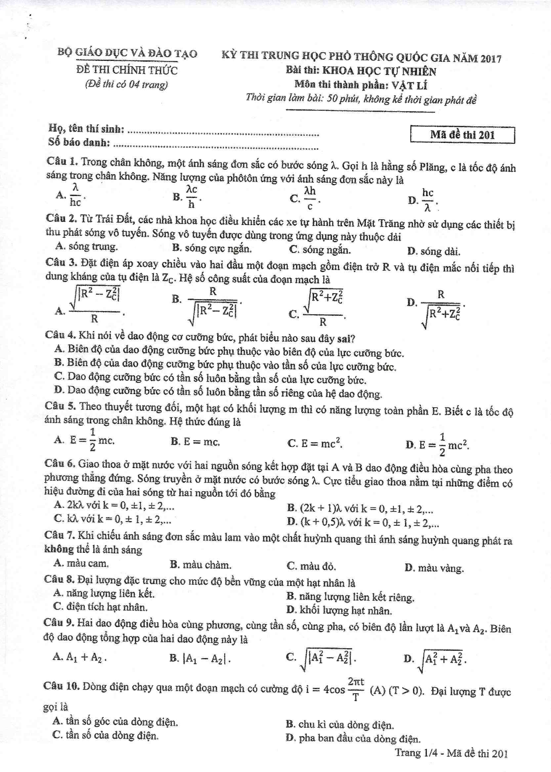 Đề thi ch&iacute;nh thức m&ocirc;n Vật l&yacute;