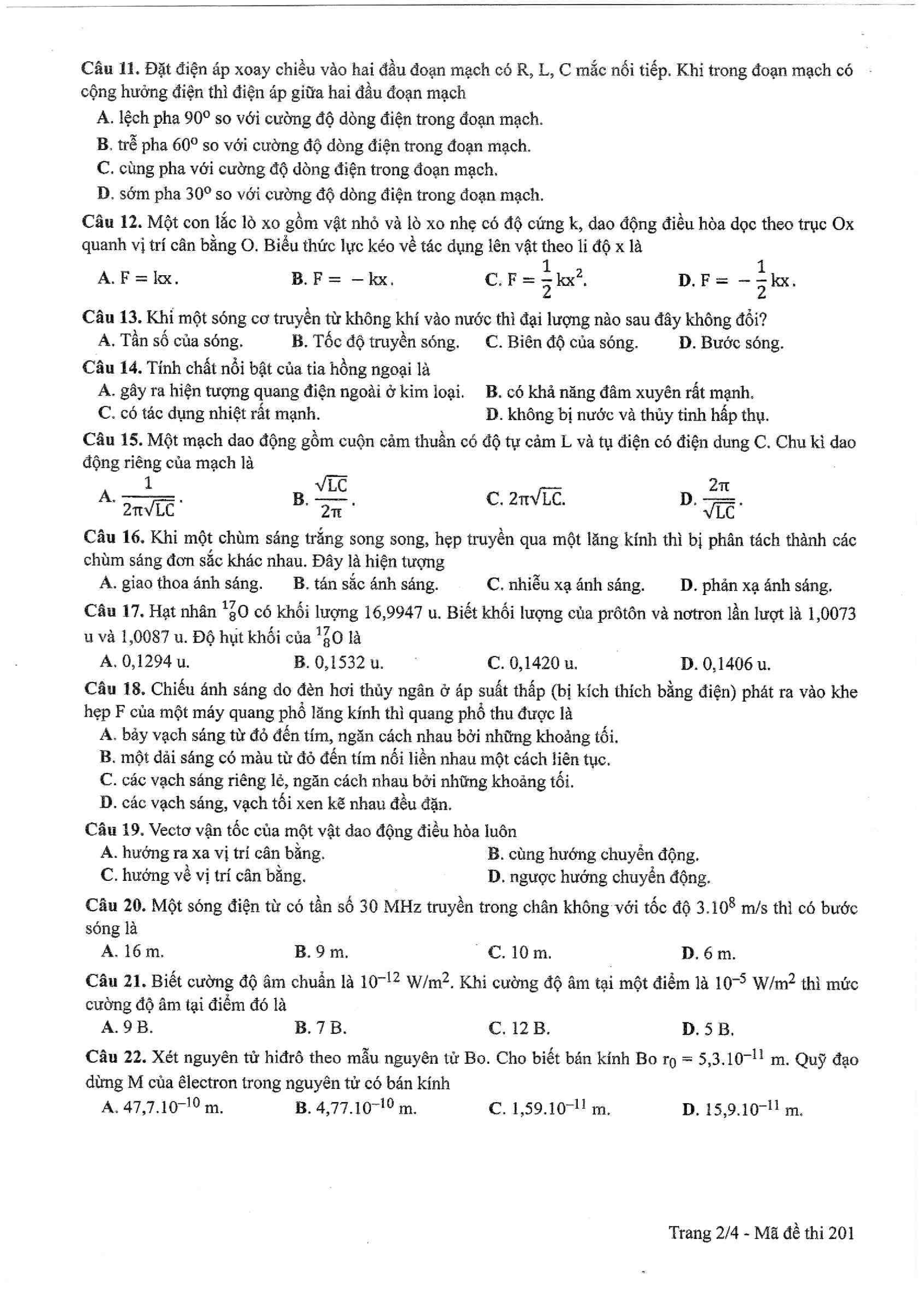 Đề thi môn Vật lý THPT Quốc gia 2017