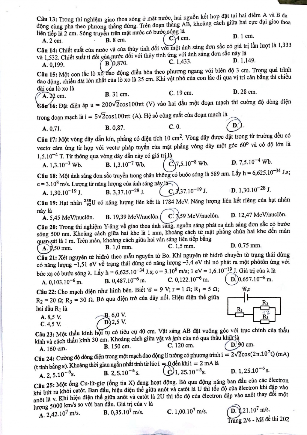 Đề thi THPT quốc gia 2018 m&ocirc;n Vật l&yacute; m&atilde; đề 202