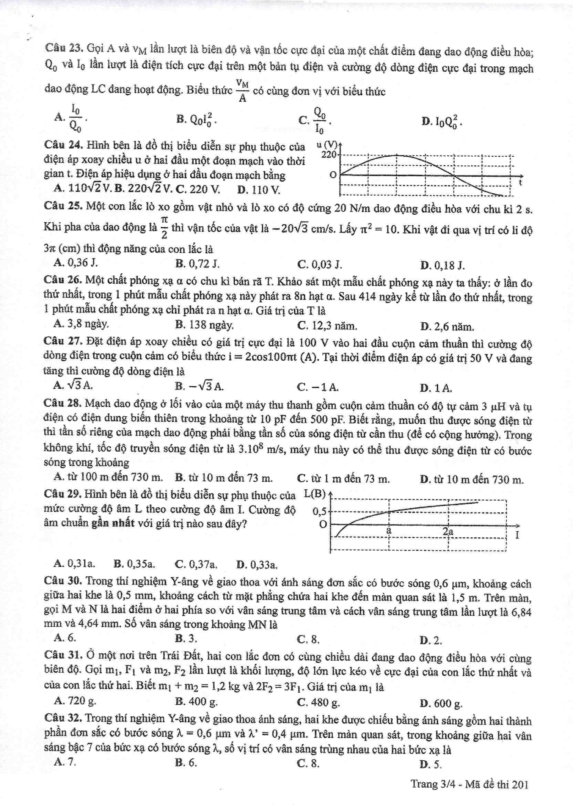 Đề thi ch&iacute;nh thức m&ocirc;n Vật l&yacute;