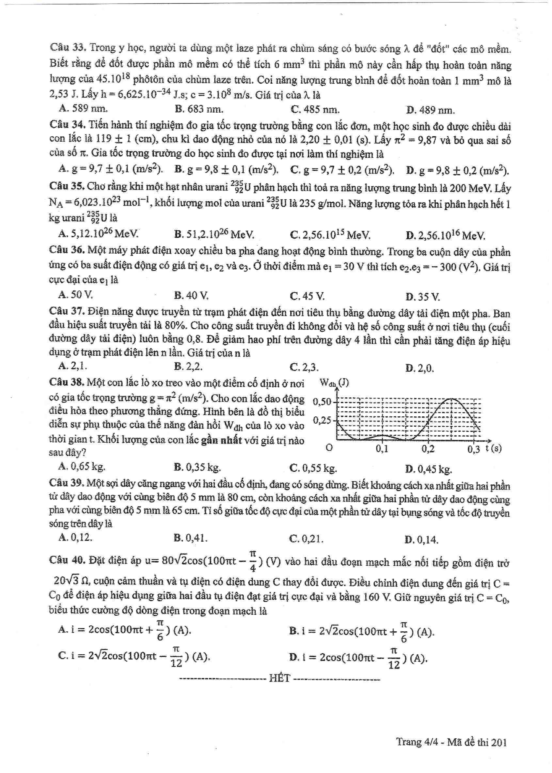 Đề thi ch&iacute;nh thức m&ocirc;n Vật l&yacute;